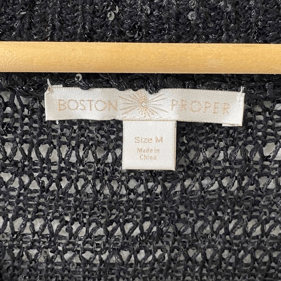Boston Proper Sequin Sweater Size Medium Black Sheer 3/4 Sleeve - Picture 3 of 4